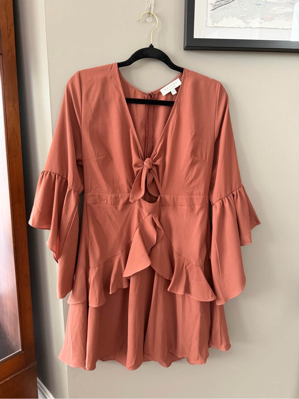 Hayden LA Tie-Front Ruffle Mini Dress in Rust. Large